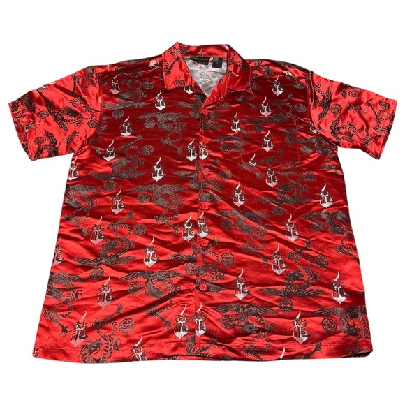 In Pain Other - In Pain Red Dragon Button Up Shirt Asian Style Graphic Print Men's Size L